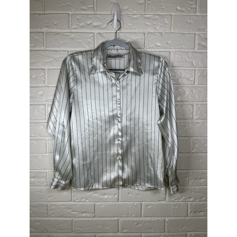 Yves St Clair Petites Silver Satin Pinstripe Blouse Vintage Y2K Office Siren